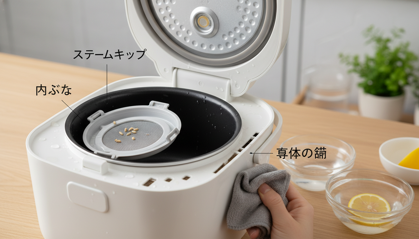 炊飯器の掃除で忘れがちなのは内ぶた・スチームキャップ・本体の溝