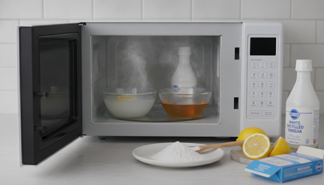 電子レンジの臭い取りは「重曹水」と「酢水」が最強コンビ!